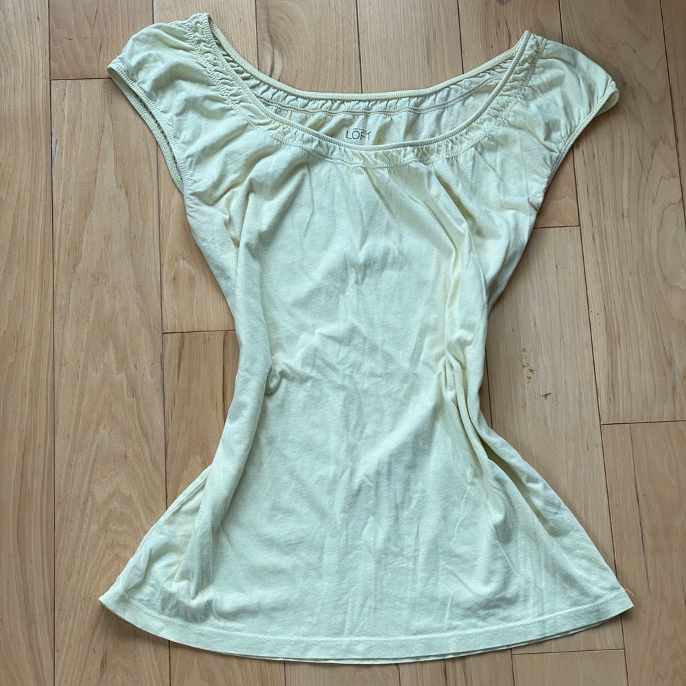 LOFT Balletcore Yellow Boat Neck Top Soft Girl Cottagecore Cap Sleeve Cotton - M